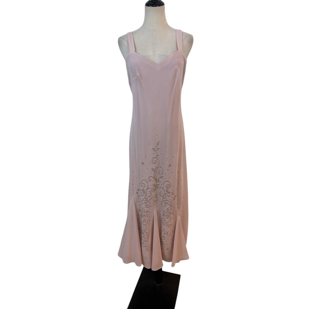 Vtg Dusty Pink Chiffon Dress Jacket Beaded Set Sz 8 Mother Of Bride Event Party